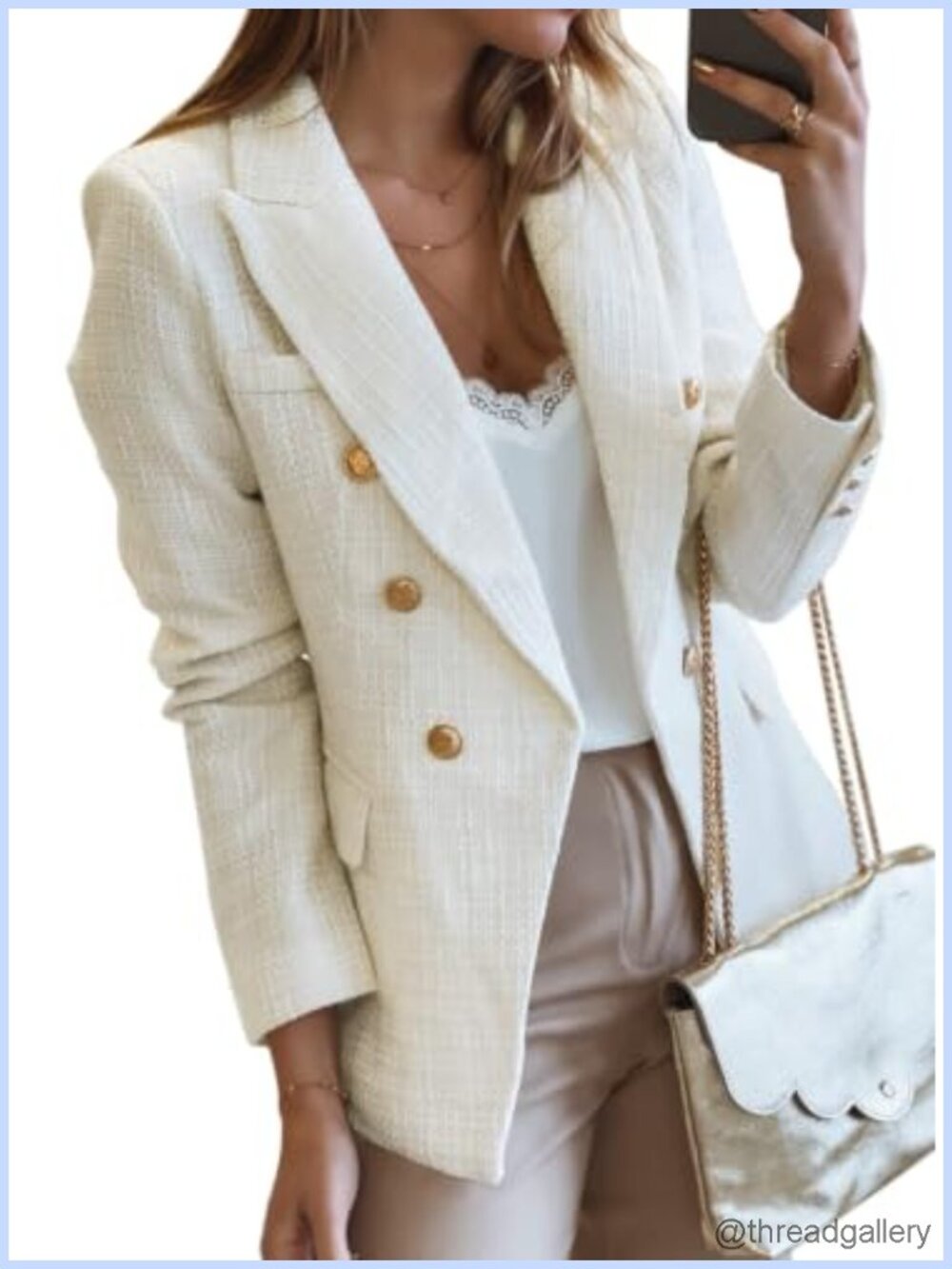 Tweed Blazer Double Breasted Open Front Business Casual Work Jacket